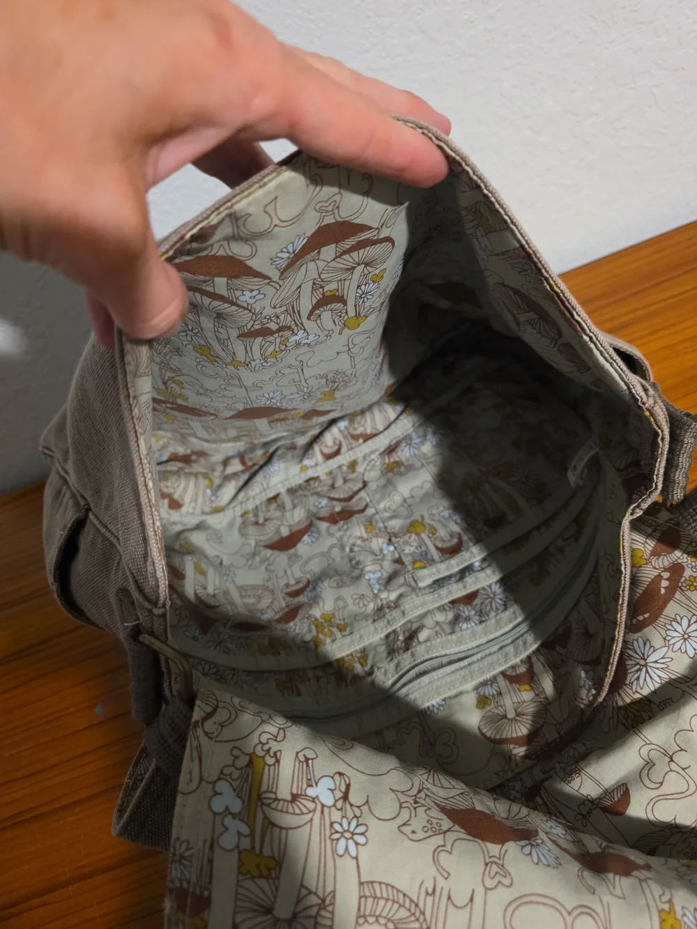 Old Navy Taupe Canvas Messenger Bag with Gold Studs Mushrooms